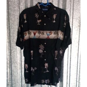 John Ashford Hawaiian Shirt Mens M Black Rayon Tropical Cocktails All Over Print